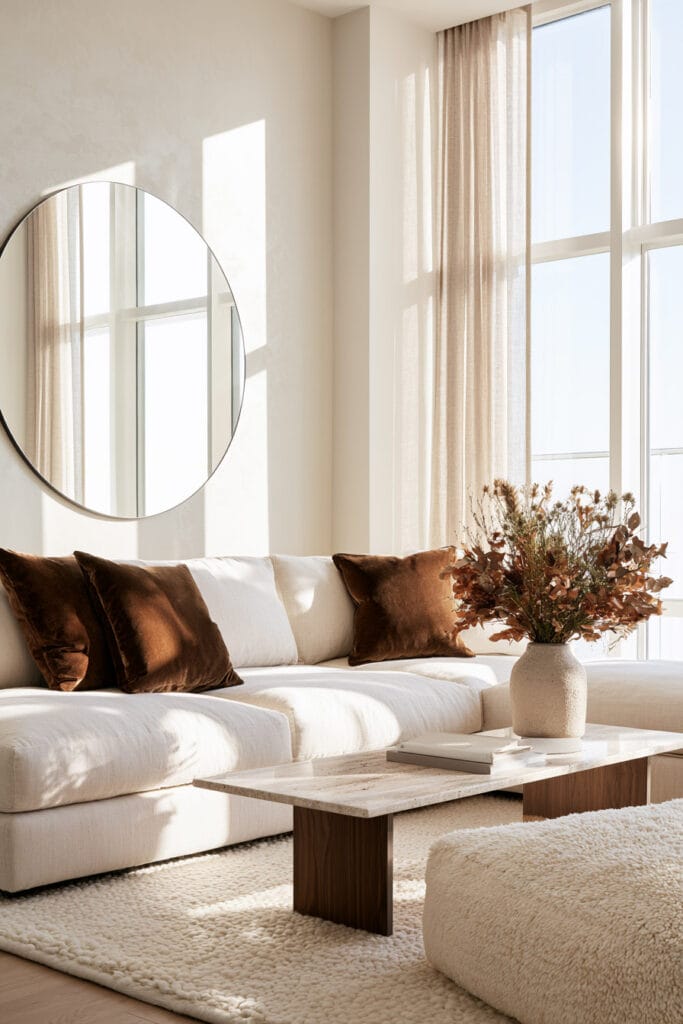 Bright living room with white sectional, chocolate brown pillows, warm wood coffee table, ivory rug, round mirror, and sheer linen curtains.
