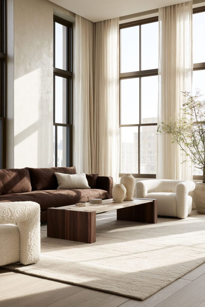 Chocolate brown sofa and dark wood coffee table with cream boucle chairs, ivory curtains, and warm neutral living room decor.