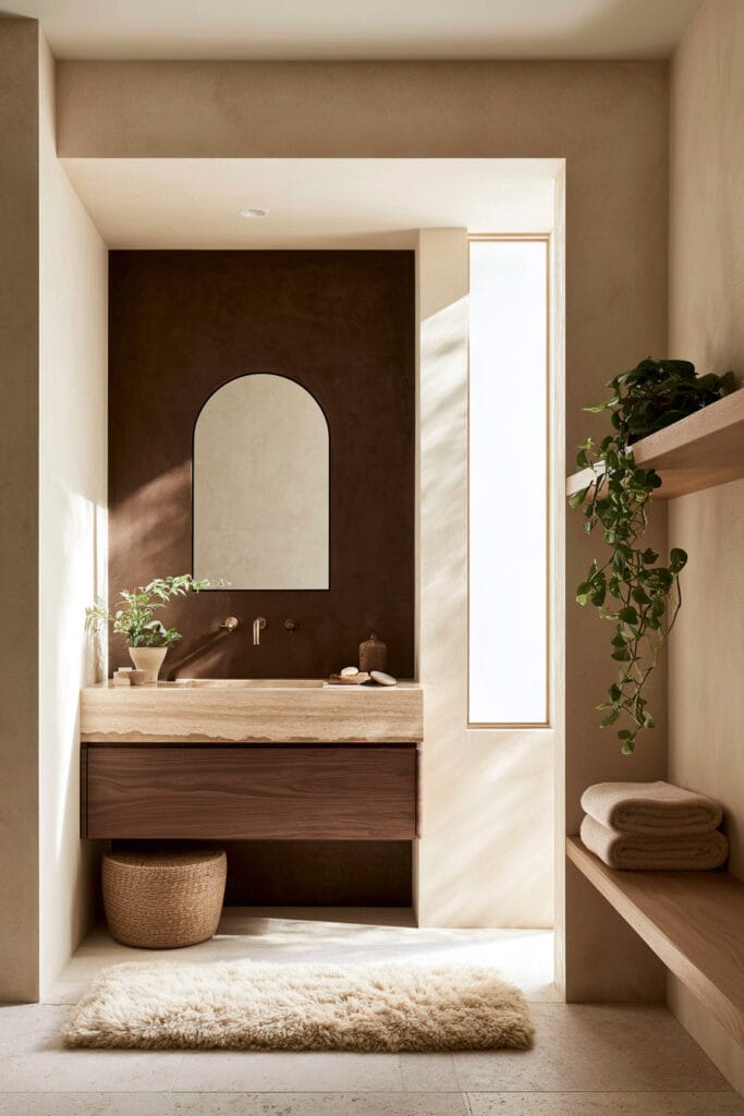 Small bathroom with chocolate brown accent wall, warm wood floating vanity, cream stone countertop, arched mirror, and bright neutral decor.