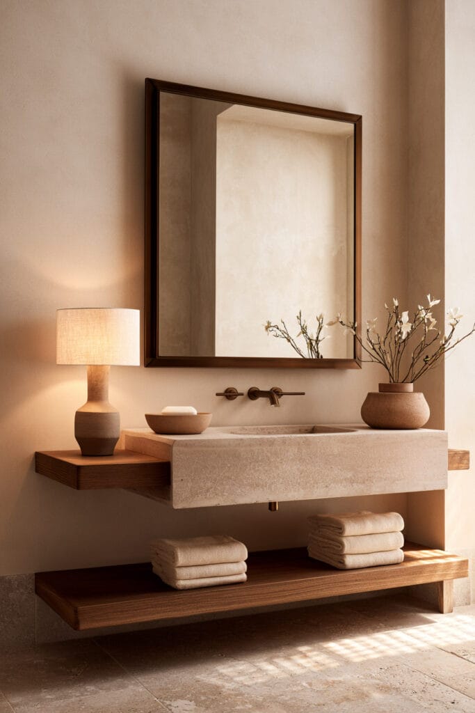 Timeless warm neutral bathroom with sculptural table lamp, stone vanity, dark wood mirror, wood shelving, neutral pottery, and warm lighting.