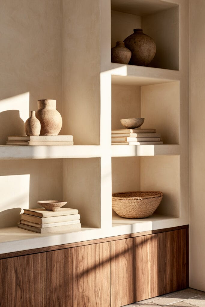 Warm minimalist built-in shelves styled with earthy ceramic vases, neutral books, woven basket, sculptural bowls, walnut cabinetry, and natural sunlight.