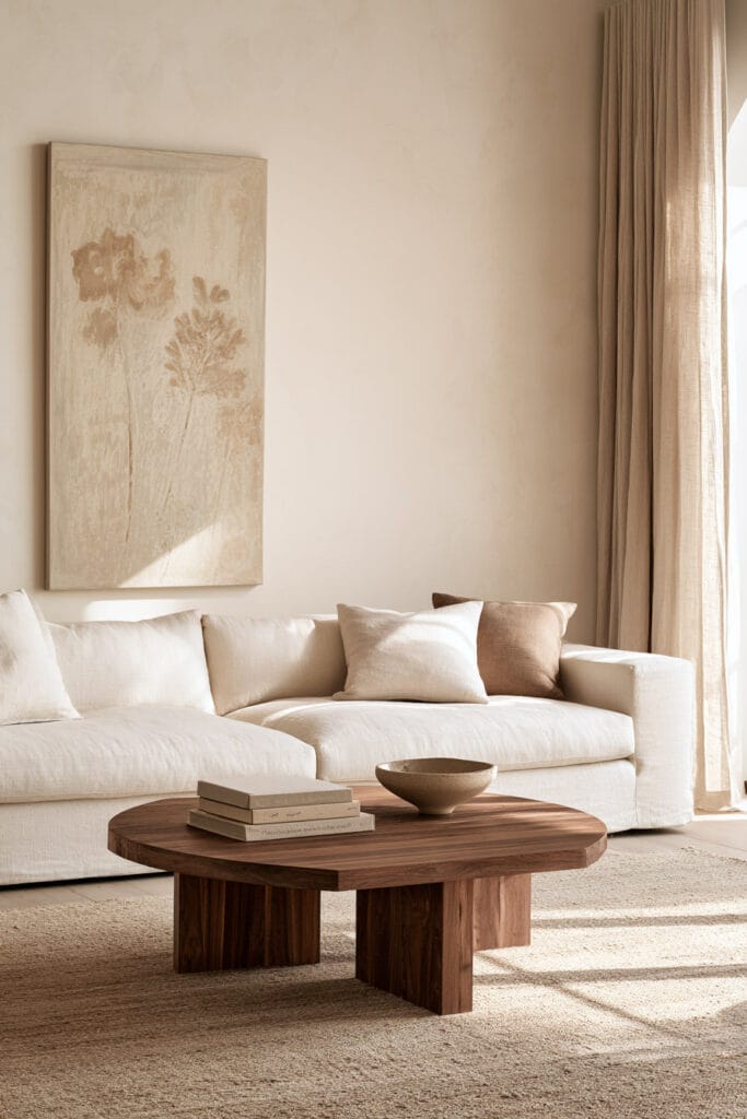 Beige, brown, and cream living room with cream sofa, round dark wood coffee table, neutral rug, botanical artwork, and linen curtains.