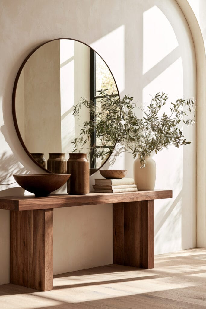 Chocolate brown wood console with brown ceramics, round mirror, cream vase, greenery, and warm neutral entryway decor.