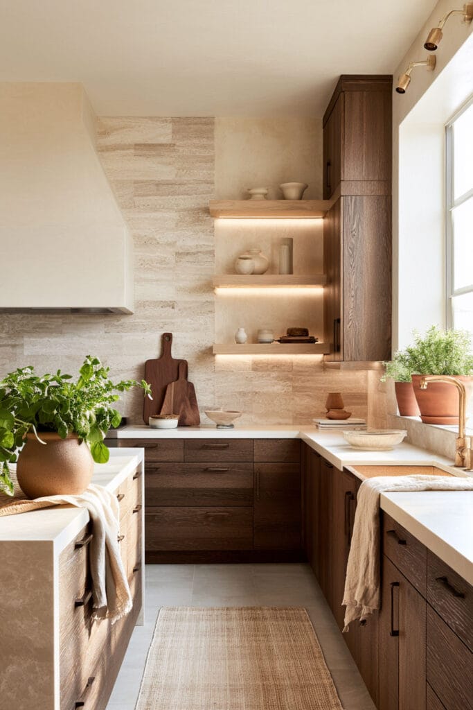 Bright kitchen with chocolate brown cabinets, cream stone countertops, beige backsplash, open wood shelves, greenery, and warm natural light.