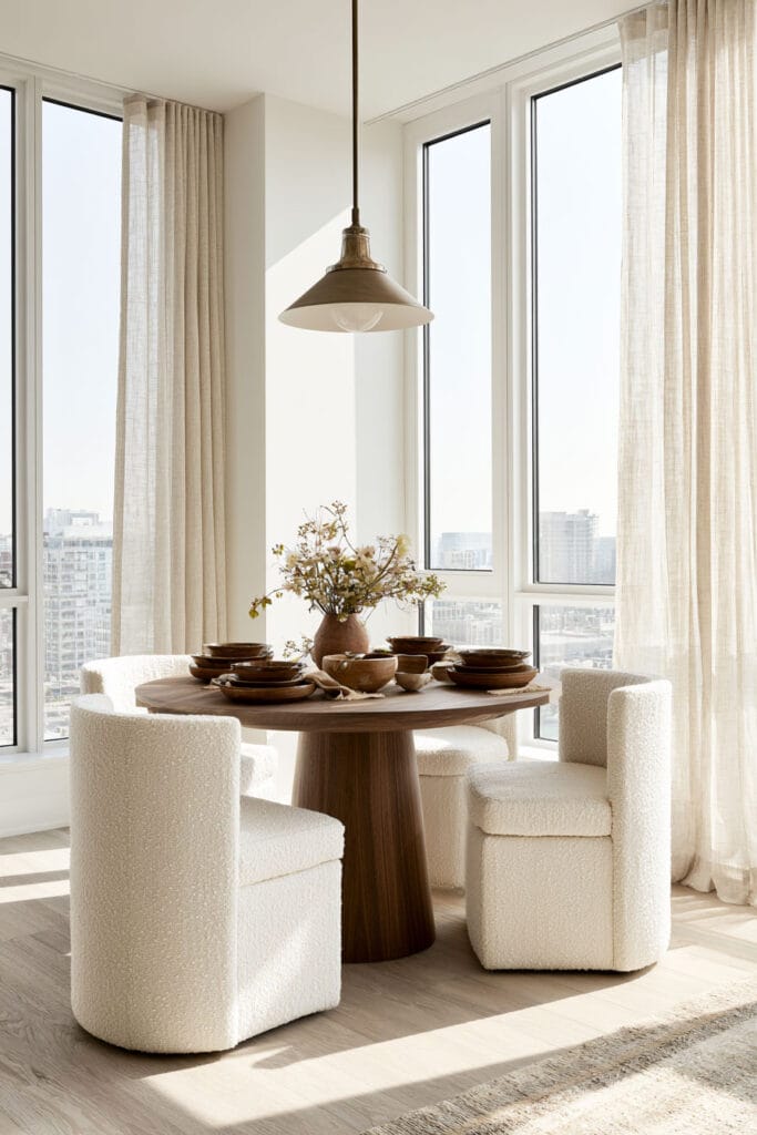 Small bright dining area with chocolate brown wood table, cream boucle chairs, dark brown tableware, linen curtains, and warm neutral decor.
