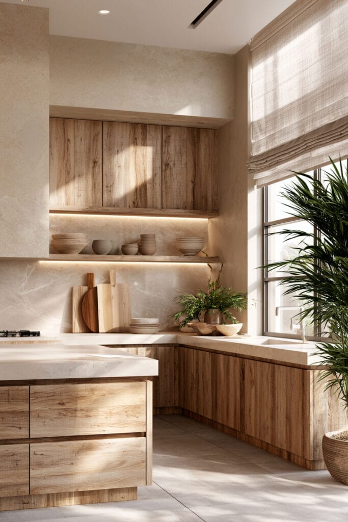 Timeless warm neutral kitchen with natural wood cabinets, cream stone countertops, under-cabinet lighting, linen Roman shade, and neutral pottery.