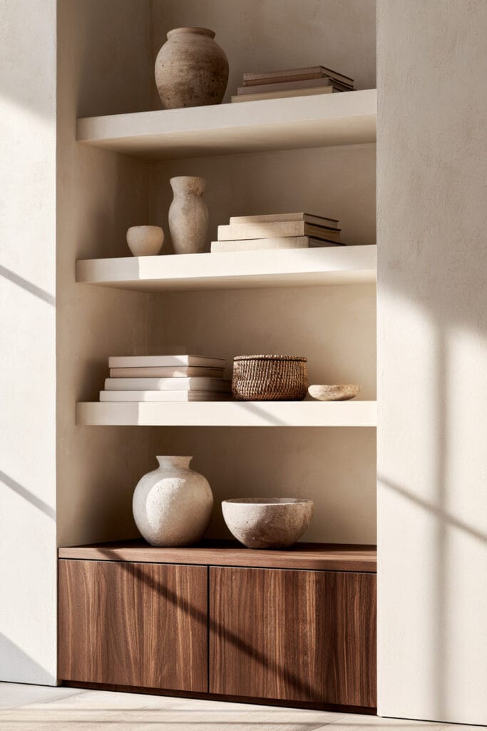 Warm minimalist built-in shelves styled with neutral books, ceramic vases, woven basket, stone bowls, walnut cabinetry, and intentional negative space.