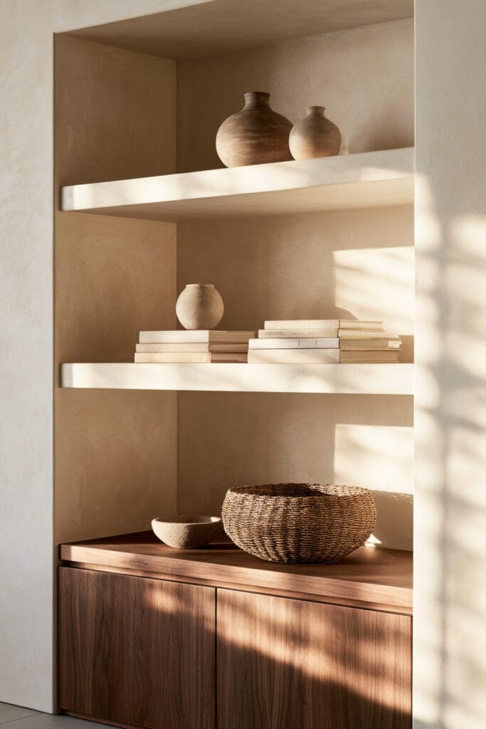 Beige, brown, and cream built-in shelves with earthy pottery, neutral books, woven basket, dark wood cabinetry, and warm natural light.