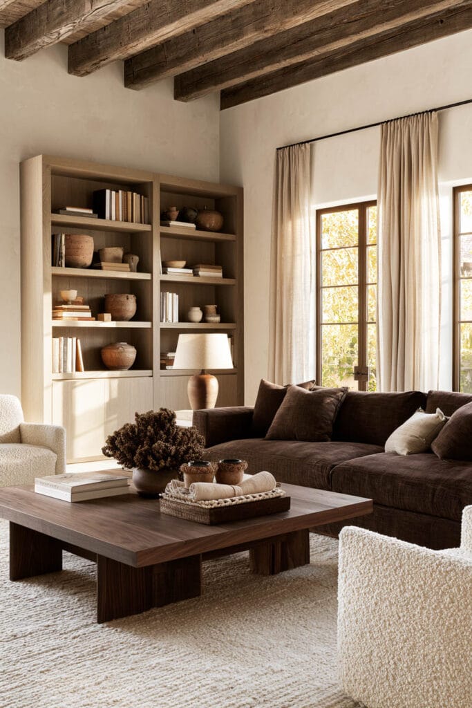 Bright living room with chocolate brown sectional, walnut coffee table, cream boucle chairs, ivory rug, natural wood shelving, and warm neutral decor.