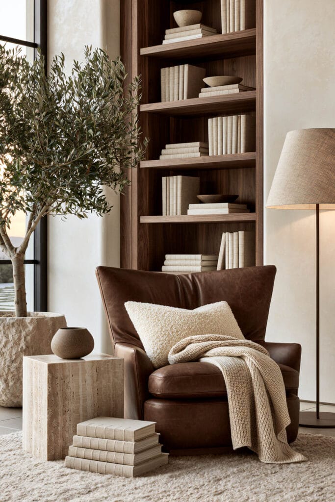Chocolate brown leather chair with dark wood built-in shelves, cream pillow, knit throw, stone side table, and olive tree.