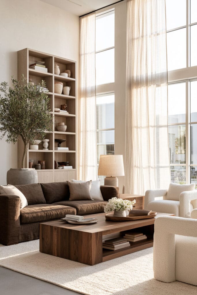 Chocolate brown sofa with dark wood coffee table, cream accent chairs, ivory rug, olive tree, and warm neutral living room decor.