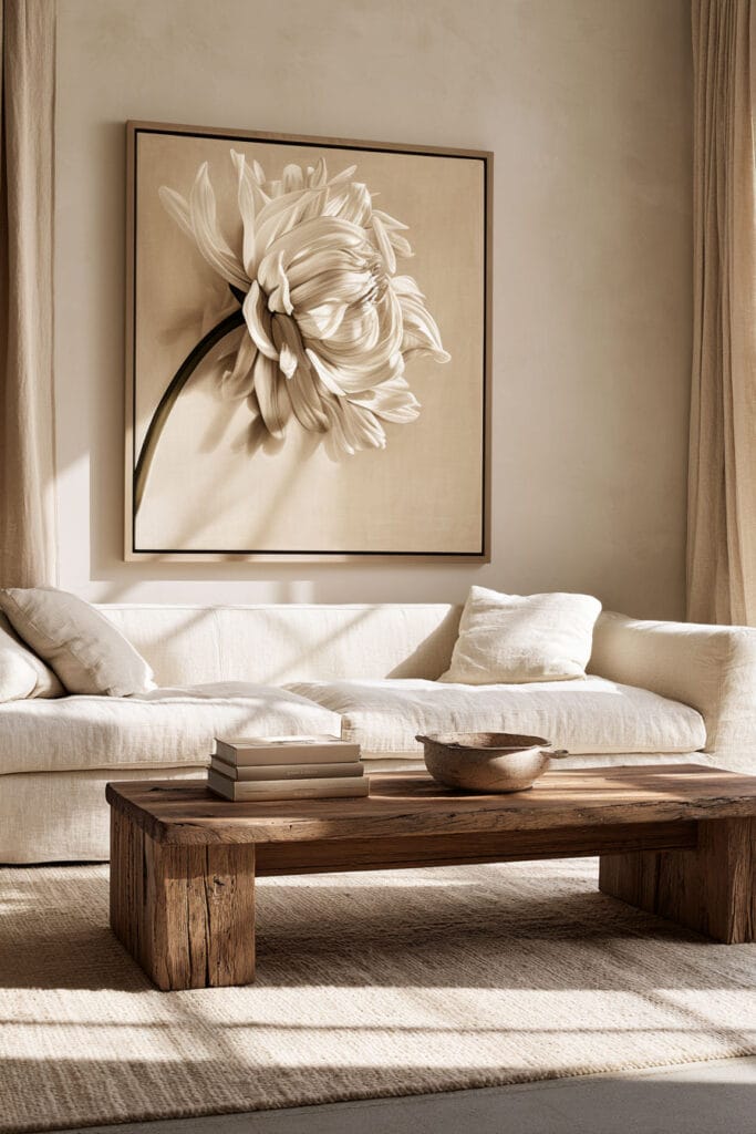 Timeless warm neutral living room with cream linen sofa, oversized floral artwork, rustic wood coffee table, beige rug, and linen curtains.