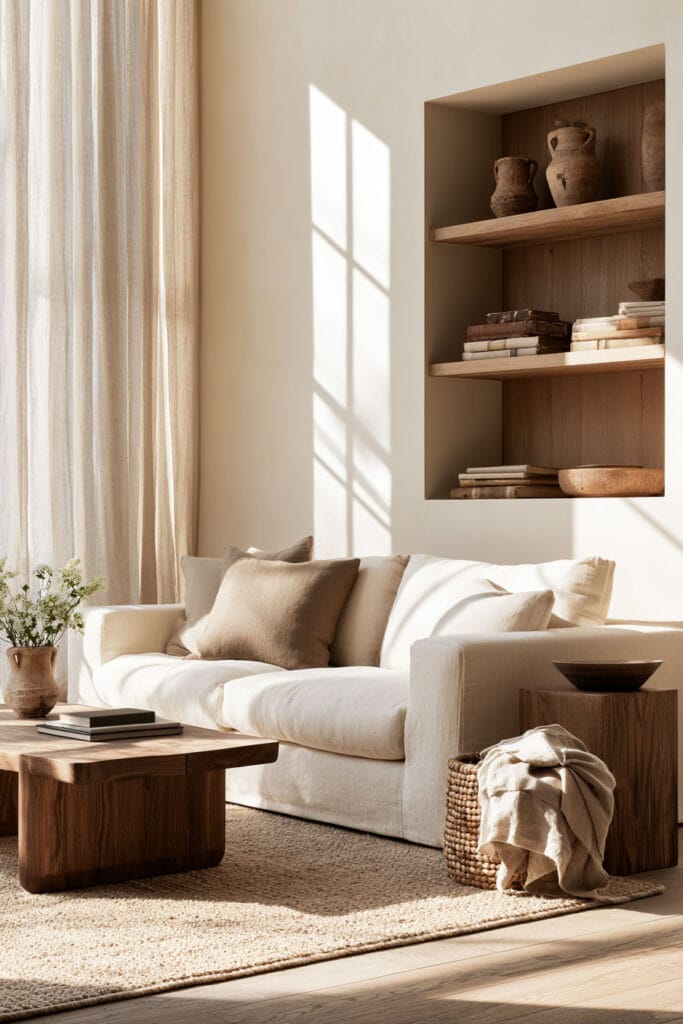 Warm minimalist living room with cream linen sofa, natural wood coffee table, built-in shelving, vintage pottery, woven textures, and warm sunlight.