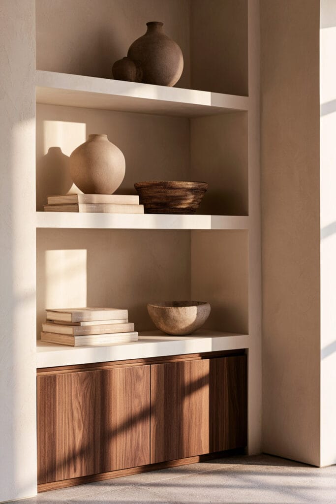 Beige, brown, and cream built-in shelves with neutral pottery, stacked books, woven basket, stone bowl, and rich brown wood cabinetry.