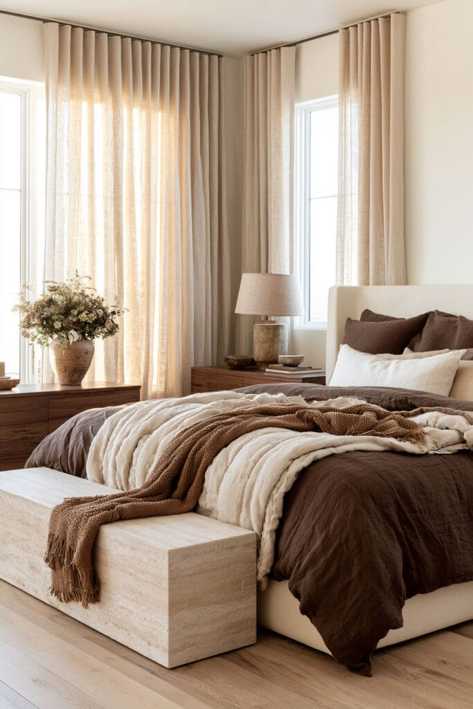 Chocolate brown bedroom with layered brown and cream bedding, warm wood nightstands, beige curtains, natural stone bench, and soft neutral decor.