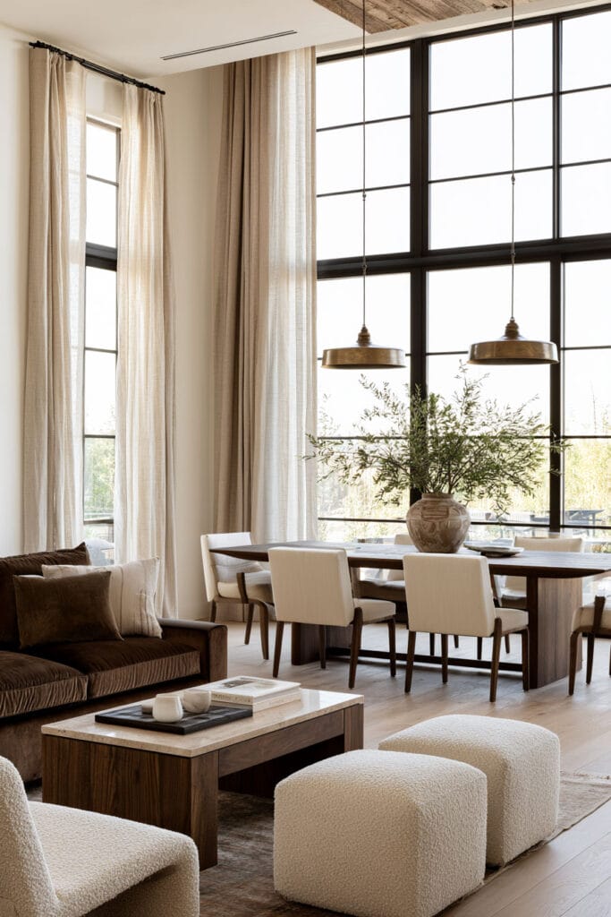 Chocolate brown living and dining room with brown sofa, dark wood tables, cream chairs, boucle ottomans, and warm neutral decor.