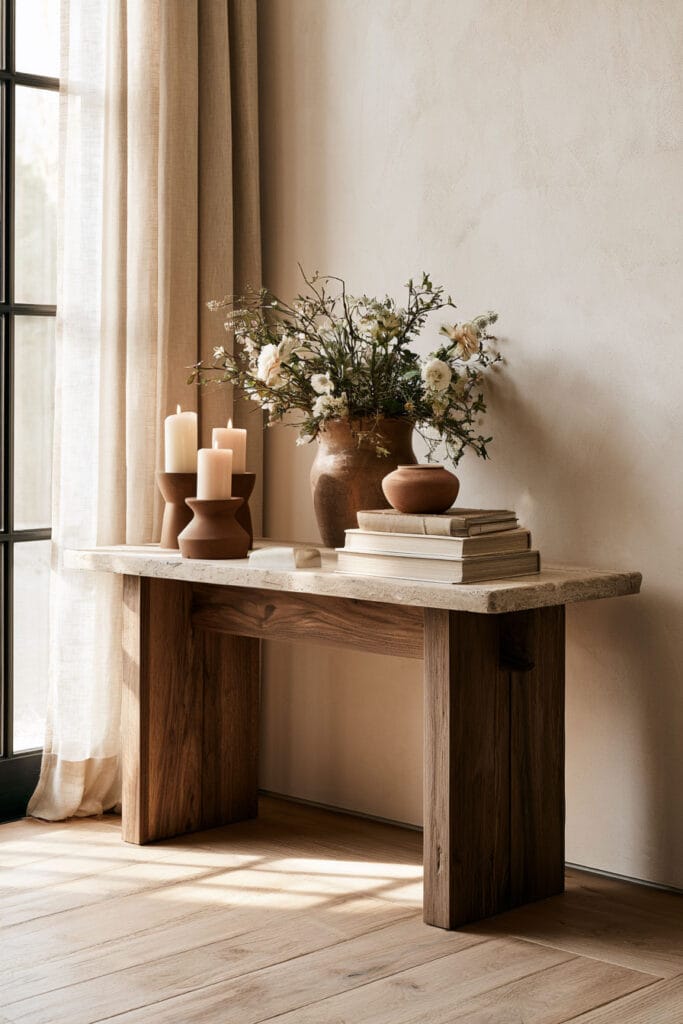Chocolate brown walnut console table styled with neutral books, earthy pottery, white flowers, candles, cream walls, and soft natural light.