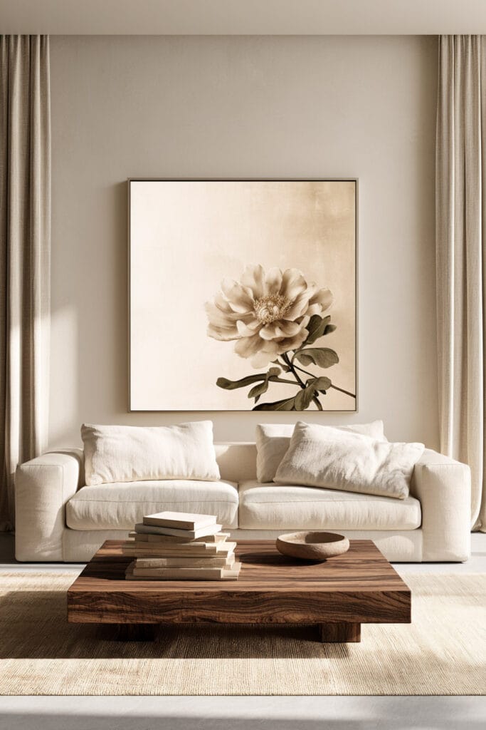 Timeless warm neutral living room with cream sofa, oversized botanical artwork, dark wood coffee table, linen curtains, and neutral textured rug.