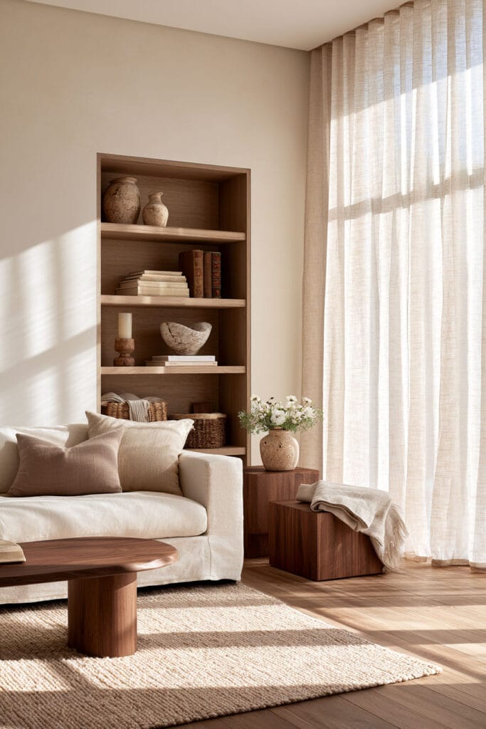 Warm minimalist living room with cream linen sofa, walnut tables and built-in shelves, vintage pottery, woven rug, linen curtains, and natural sunlight.