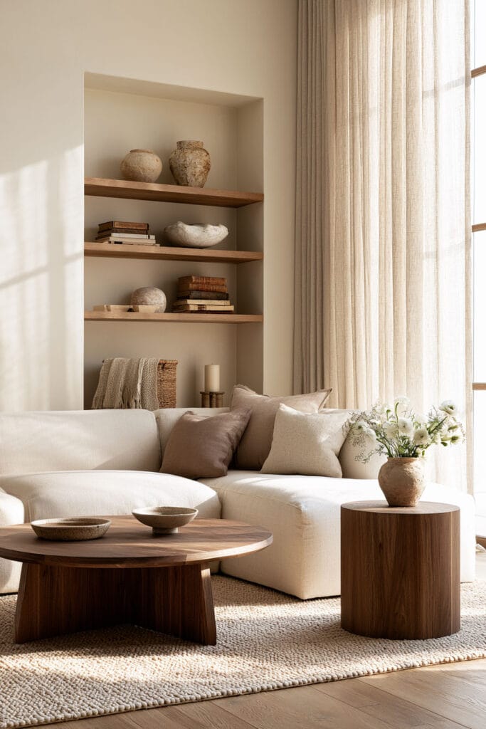Beige, brown, and cream living room with cream sectional sofa, dark wood coffee tables, built-in shelves, neutral pottery, and linen curtains.