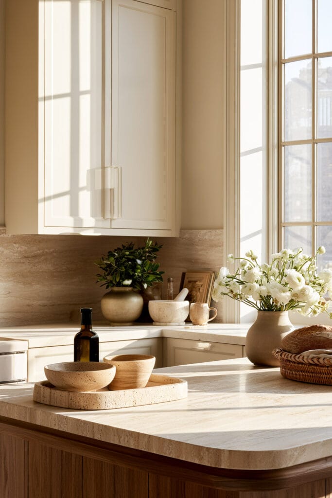 Timeless warm neutral kitchen with cream cabinets, rounded stone island, natural wood, neutral pottery, white flowers, and woven accents.