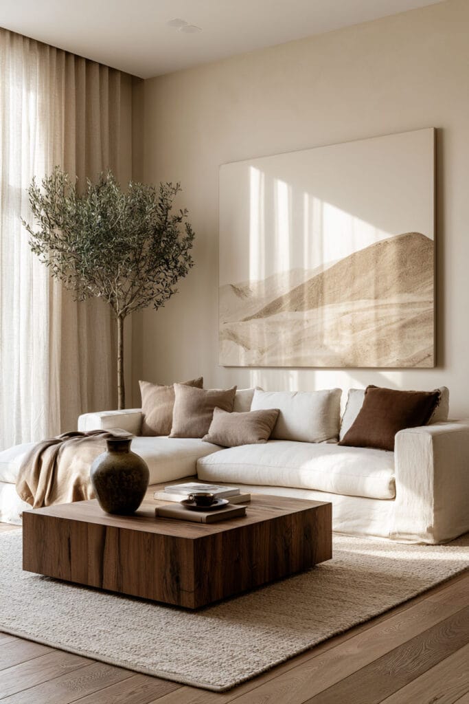 Warm minimalist living room with cream linen sofa, walnut coffee table, brown pillows, olive tree, oversized neutral artwork, and soft natural sunlight.