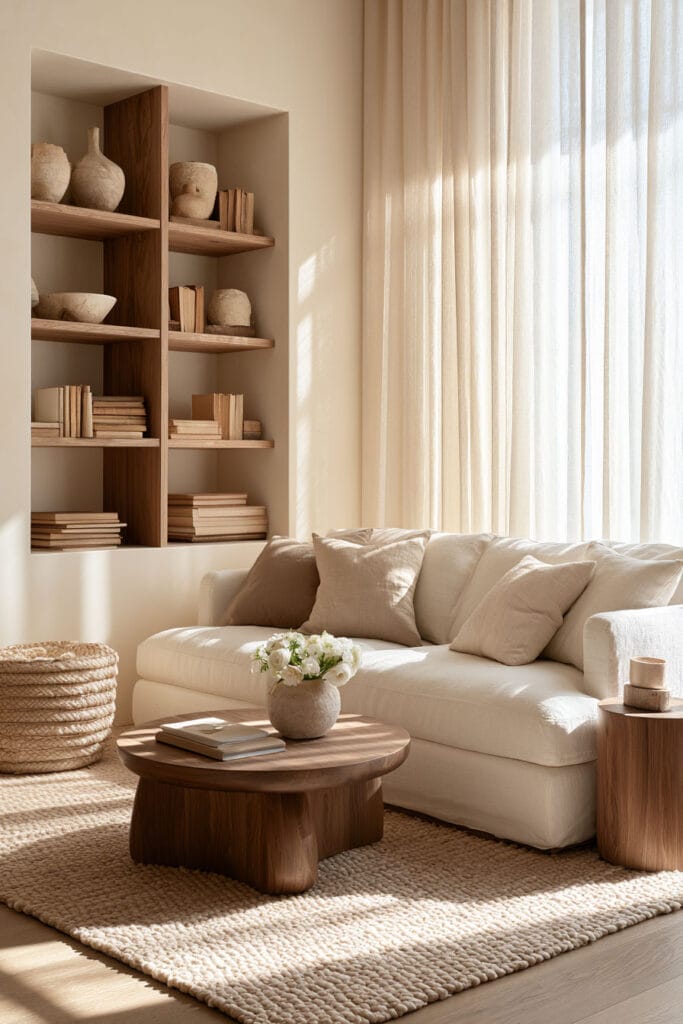 A sun-filled neutral living room pairs a creamy sofa with warm brown wood tables, softly styled built-in shelves, and a chunky textured rug. Layered beige pillows, natural pottery, woven details, and floor-to-ceiling linen curtains create an elegant beige, brown, and cream palette with a quiet luxury feel.