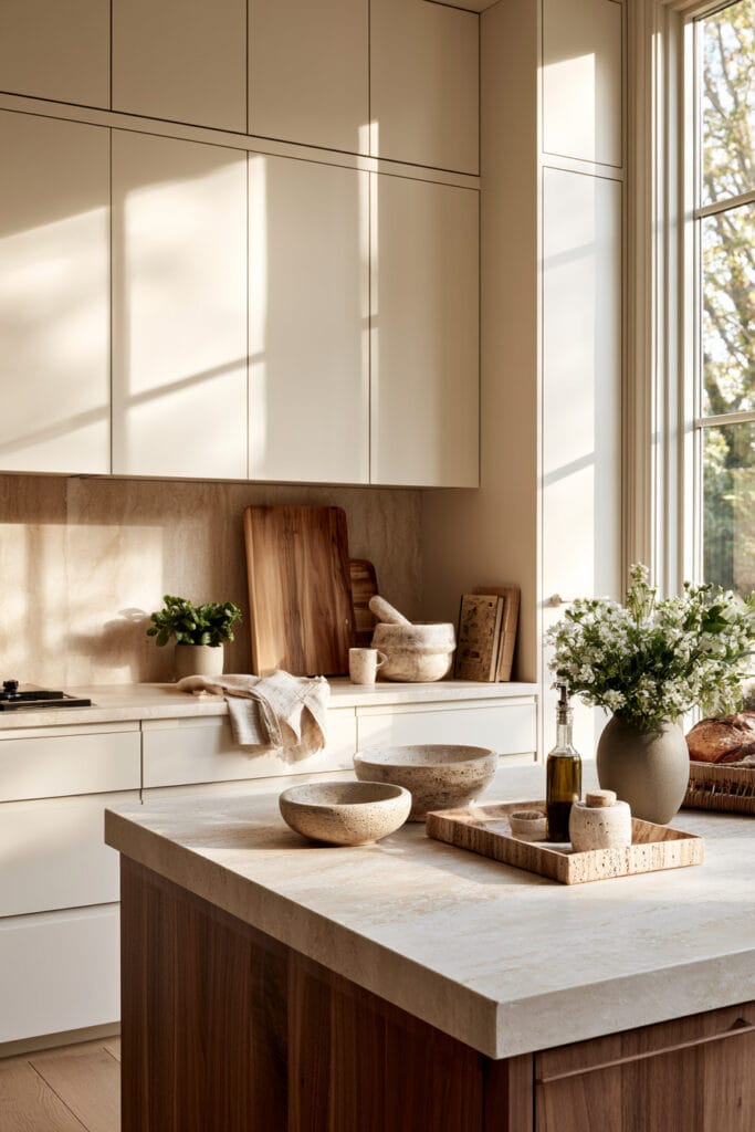 Timeless warm neutral kitchen with cream cabinets, dark wood island, stone countertops, natural pottery, cutting boards, and fresh greenery.