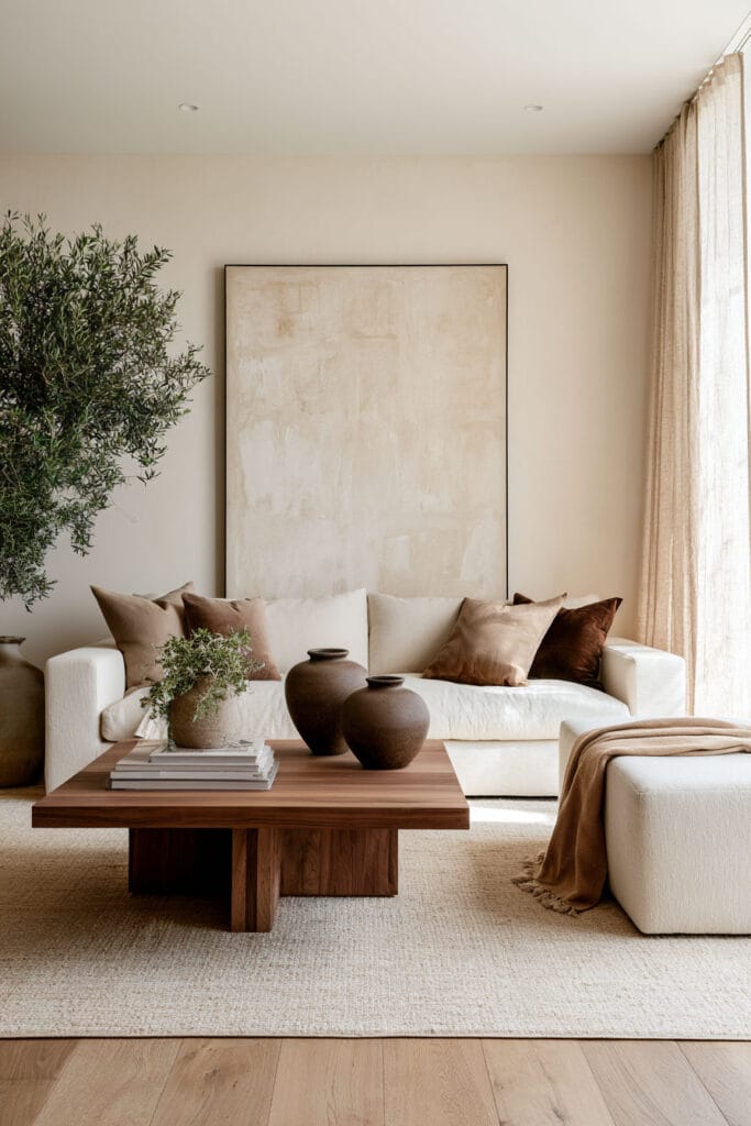 Warm minimalist living room with cream sofa, walnut coffee table, brown pillows, neutral artwork, olive tree, ceramic vases, and linen curtains.