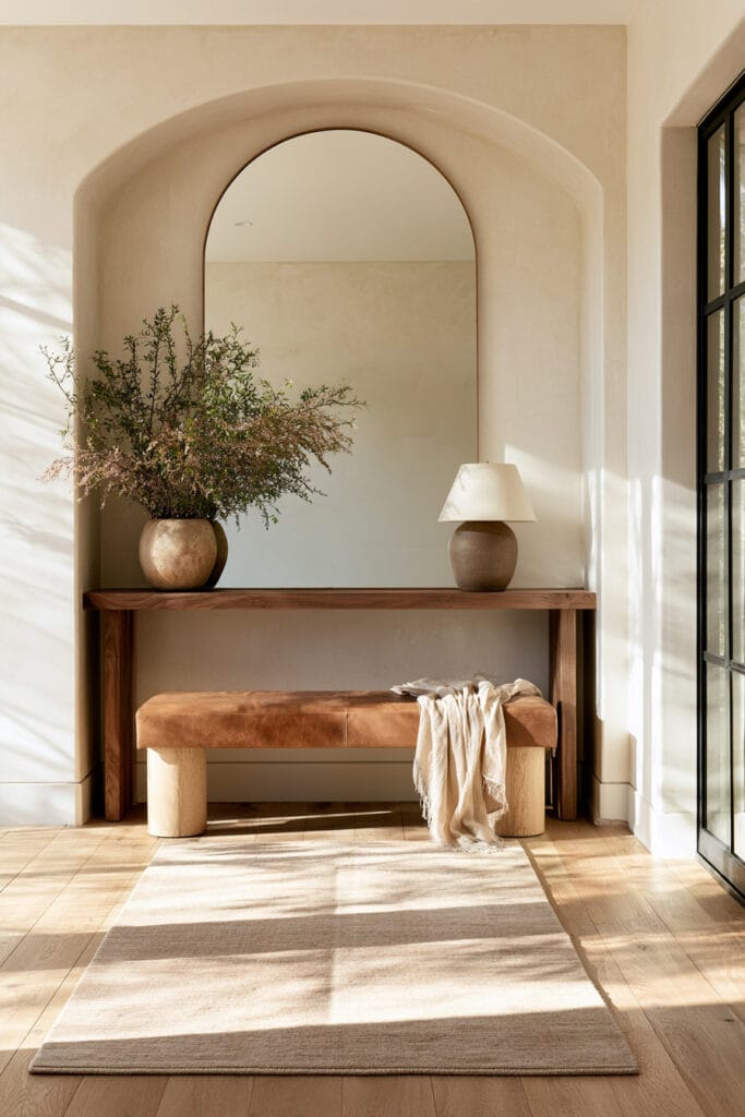 Beige, brown, and cream entryway with wood console table, caramel leather bench, oversized arched mirror, neutral rug, and greenery.