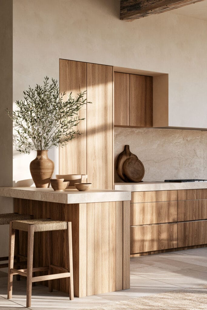 Timeless warm neutral minimalist kitchen with natural wood cabinets, cream stone countertops, woven stool, pottery, and leafy branches.