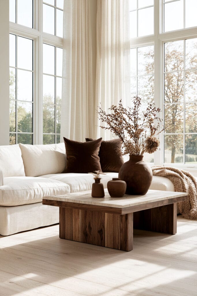Cream living room with chocolate brown pillows, dark wood coffee table, earthy ceramic decor, and warm neutral textures.