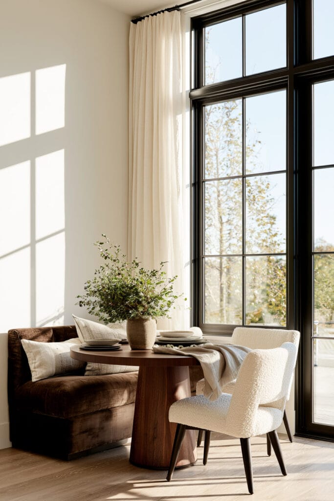 Bright dining nook with chocolate brown banquette, wood pedestal table, cream chairs, sheer curtains, and abundant natural light.