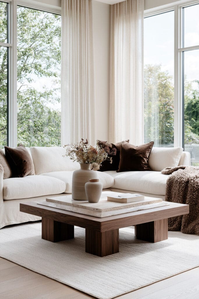 Bright neutral living room with chocolate brown pillows, cream sectional sofa, dark wood coffee table, ivory rug, and warm neutral decor.
