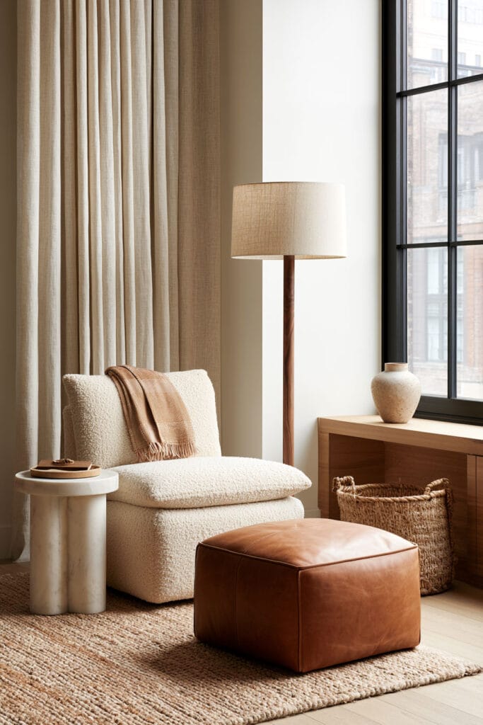 Cream bouclé chair with brown leather ottoman, natural wood cabinet, woven rug, linen curtains, and warm neutral decor.