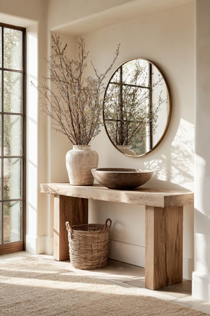 Timeless warm neutral entryway with light wood console, woven basket, ceramic vase, round mirror, and natural textured decor.