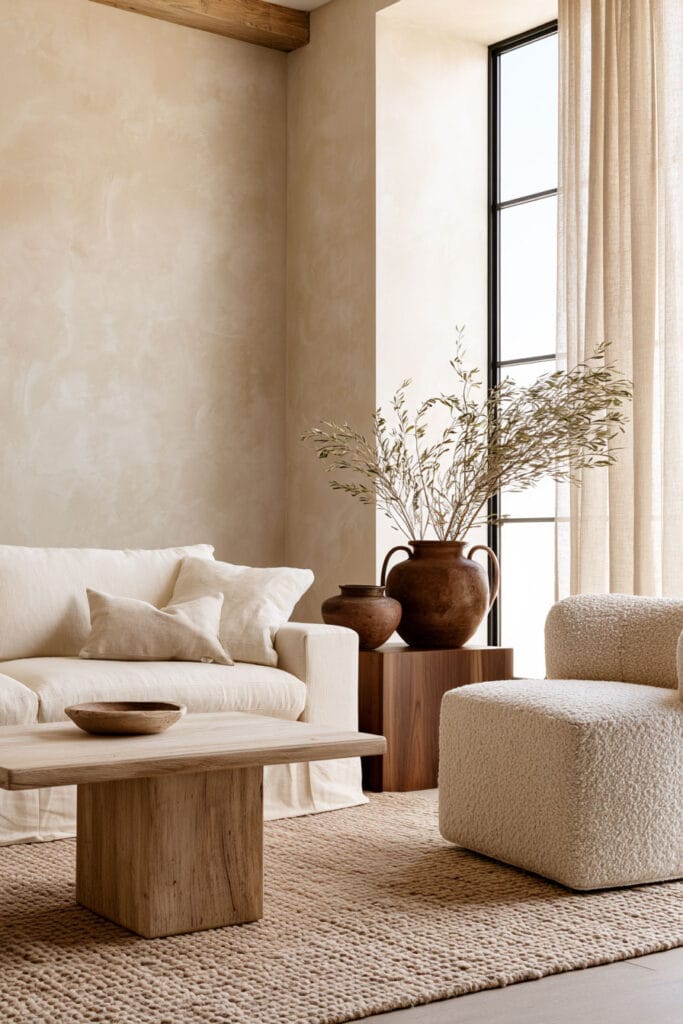 Warm minimalist living room with cream linen seating, bouclé chair, rustic wood coffee table, woven rug, walnut accents, and earthy ceramic vases.