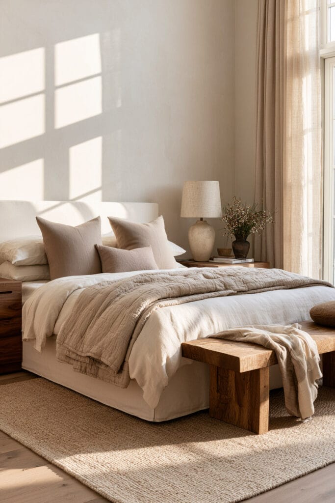 Timeless warm neutral bedroom with cream linen bedding, beige pillows, rustic wood bench, woven rug, ceramic lamp, and linen curtains.