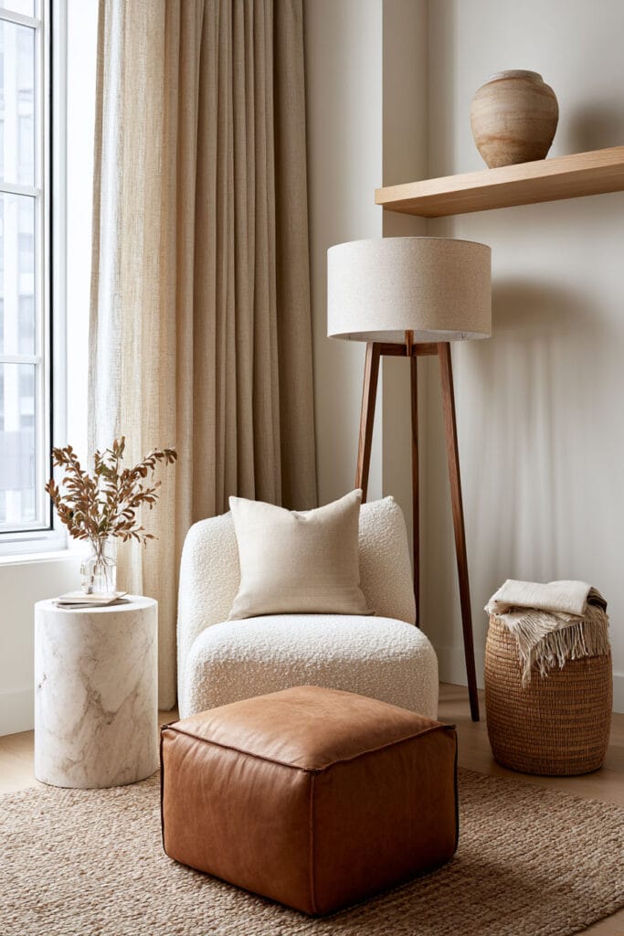 Beige and cream reading nook with bouclé chair, brown leather ottoman, marble side table, woven basket, wood floor lamp, and linen curtains.
