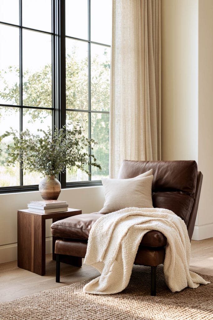 Chocolate brown leather chair with cream throw, ivory pillow, warm wood side table, woven rug, and neutral curtains in a bright reading corner.