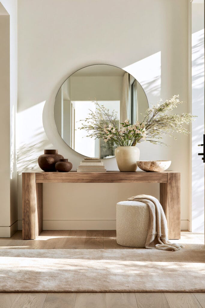 Warm neutral entryway with chocolate brown ceramic decor, natural wood console table, round mirror, cream vase, and boucle stool.