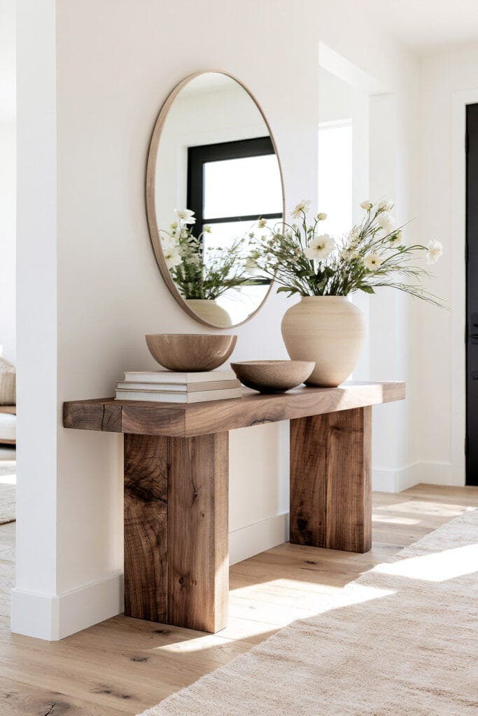 Bright neutral entryway with warm brown wood console table, cream walls, oval mirror, beige ceramics, and white flowers.