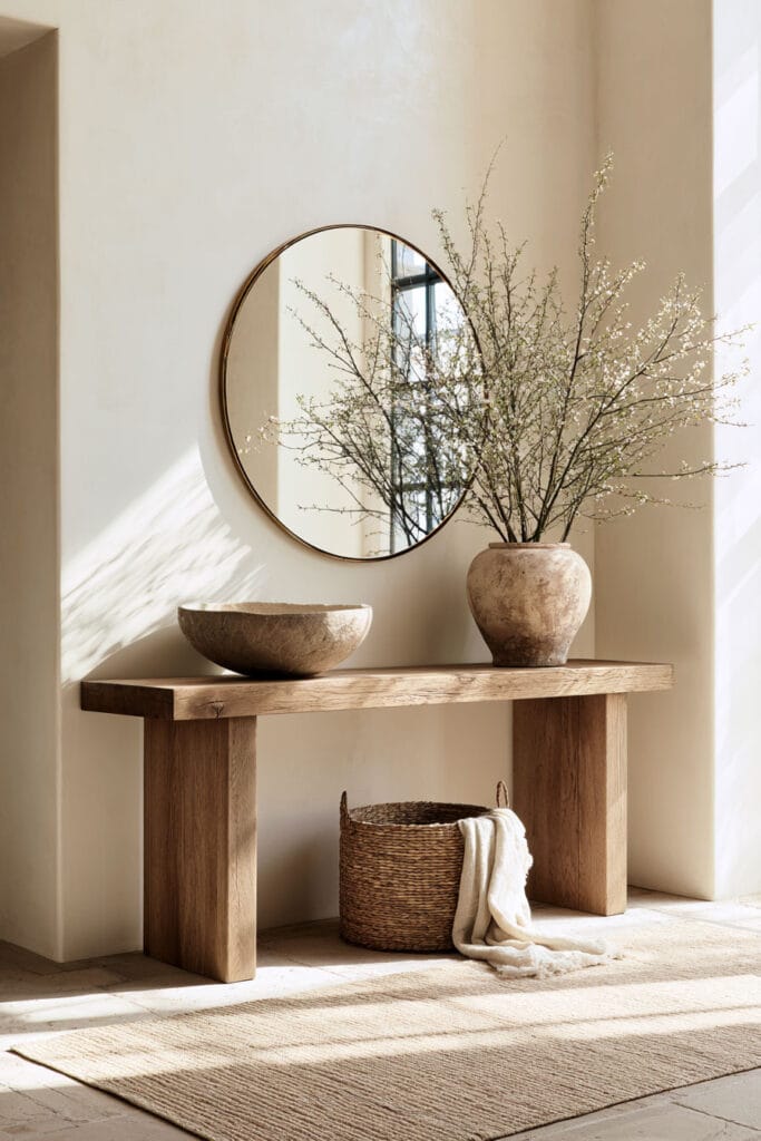 Warm neutral entryway with rustic wood console, round mirror, aged ceramic vase, woven basket, stone bowl, and natural textured rug.