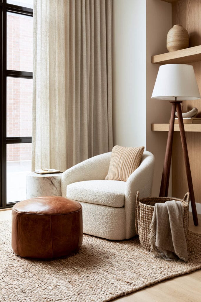 Warm minimalist reading nook with an ivory bouclé chair, cognac leather ottoman, woven rug, linen curtains, wood shelving, and natural textures.