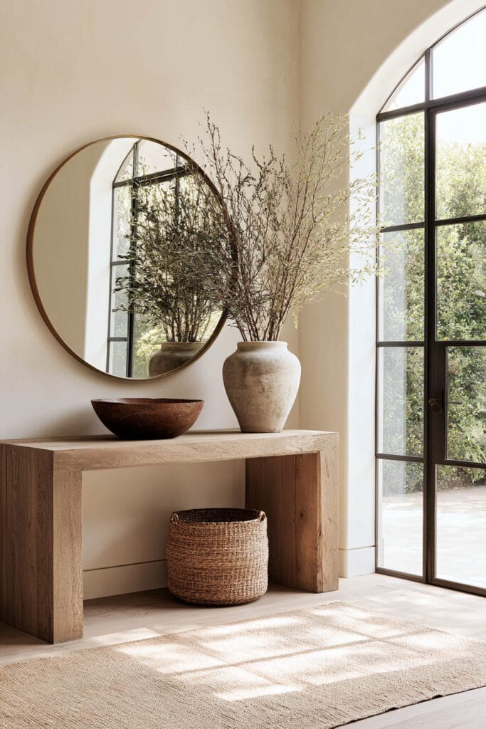 Beige and brown entryway with natural wood console table, round brass mirror, ceramic vase, woven basket, and cream walls.