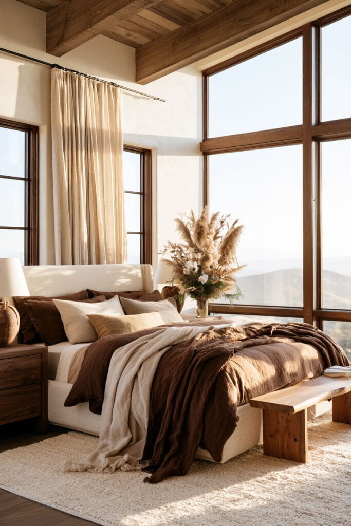 Bright bedroom with chocolate brown bedding, cream linens, warm neutral pillows, natural wood beams, and large sunlit windows.