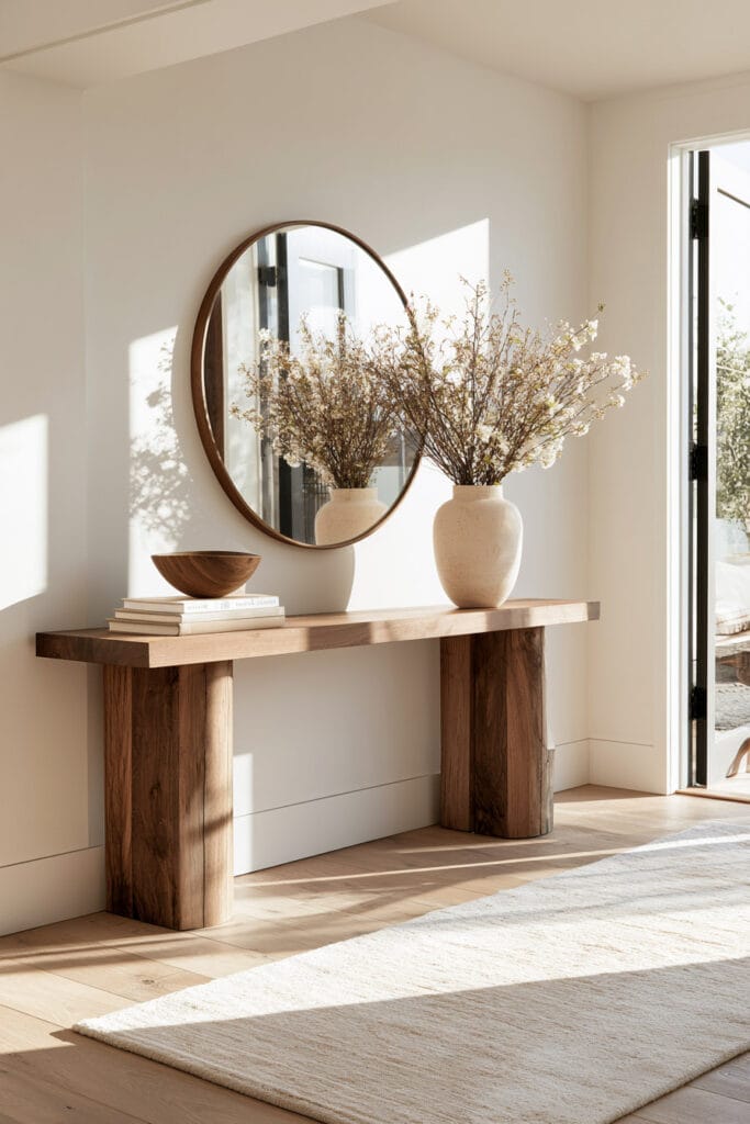 Chocolate brown wood console table and round mirror with cream ceramic vase and warm neutral decor in a bright entryway.