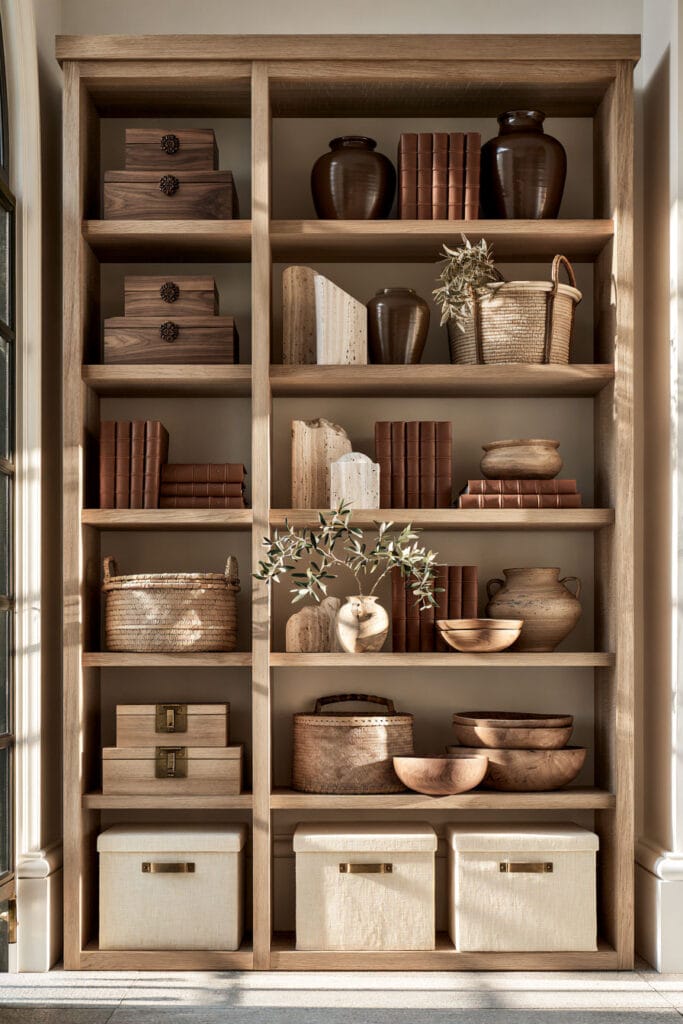 Warm wood shelves styled with chocolate brown books, dark brown ceramics, woven baskets, wooden decor, and layered neutral accessories.