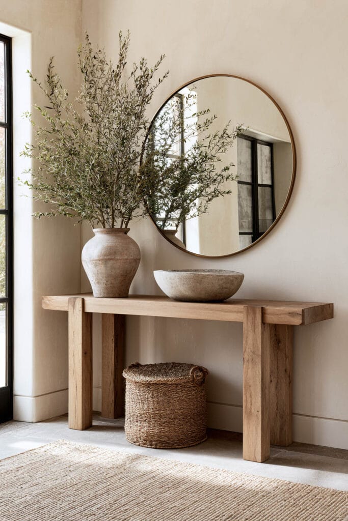 Timeless warm neutral entryway with natural wood console, round mirror, ceramic vase, woven basket, stone bowl, and textured neutral rug.