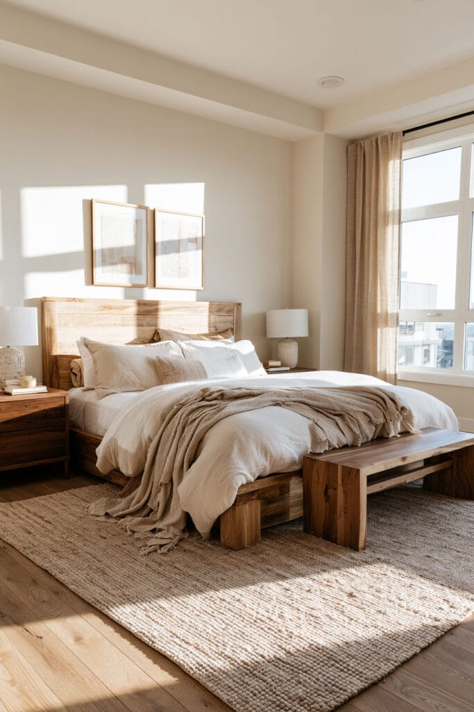 Warm minimalist bedroom with a natural wood bed, wood nightstands and bench, white linen bedding, neutral woven rug, and warm sunlight.